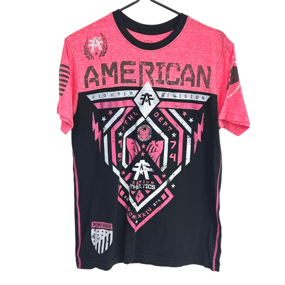 American‎ Fighter MMA Graphic Tee Medium Pink Black Y2K Fightwear Alt Shirt